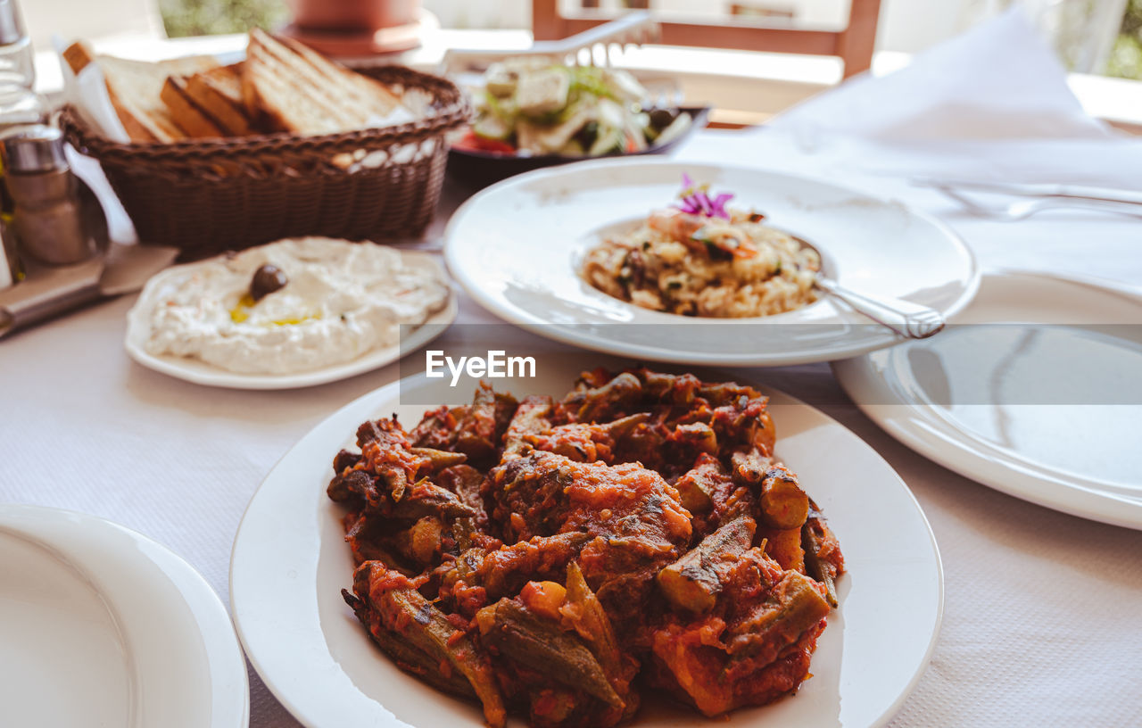 high angle view of food served in plate on table