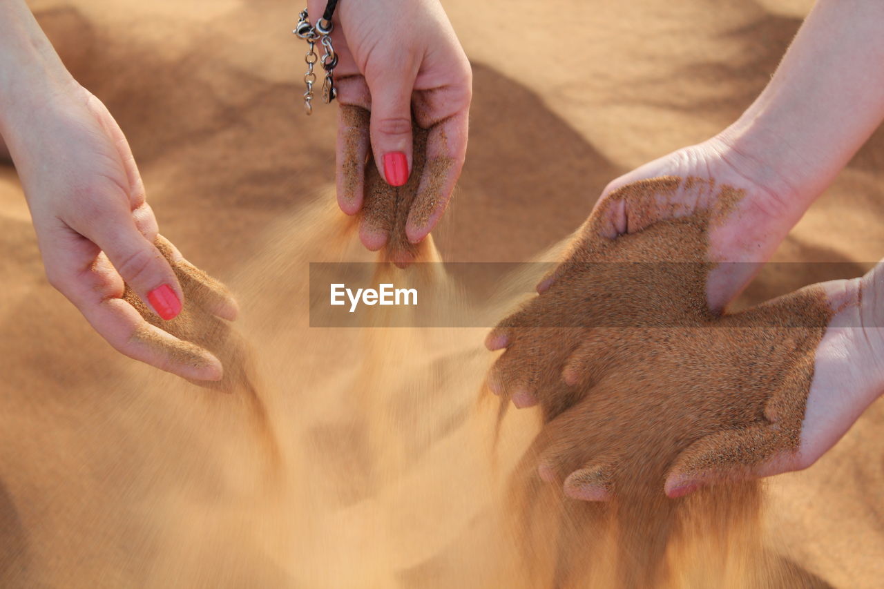 Women sifting sand through their fingers on the beach