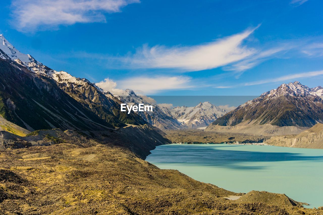 Scenic view of lake and mountains against sky