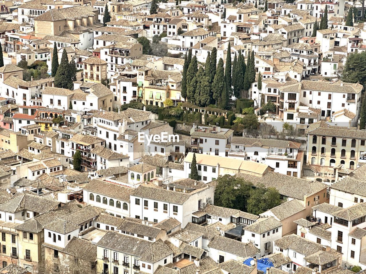 High angle view of buildings in city