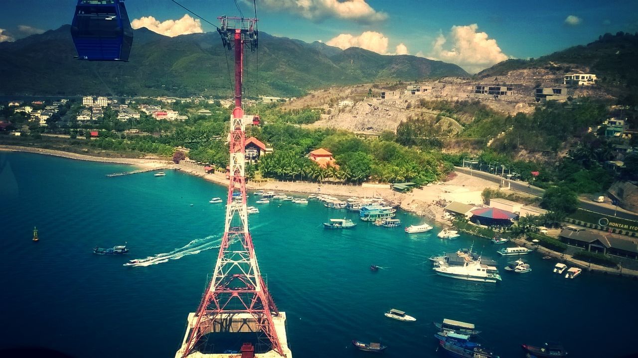 High angle view of boats sailing in sea