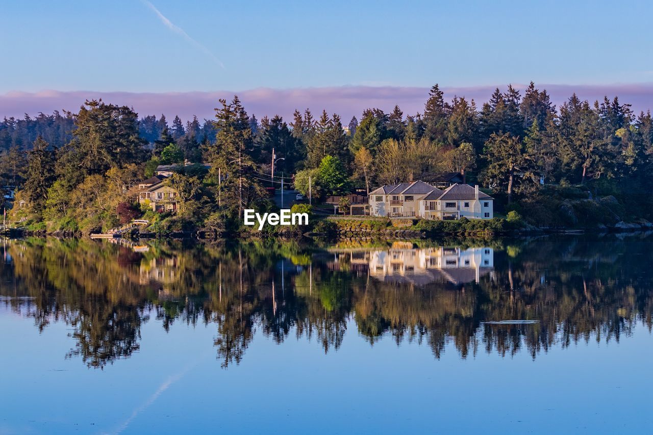 Reflection of trees in lake against clear sky