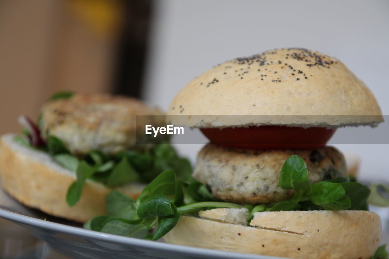 Close-up of burger served in plate