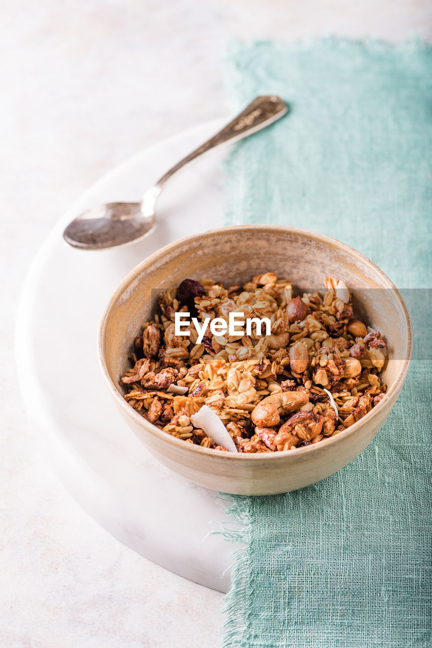 High angle view of breakfast in bowl on table