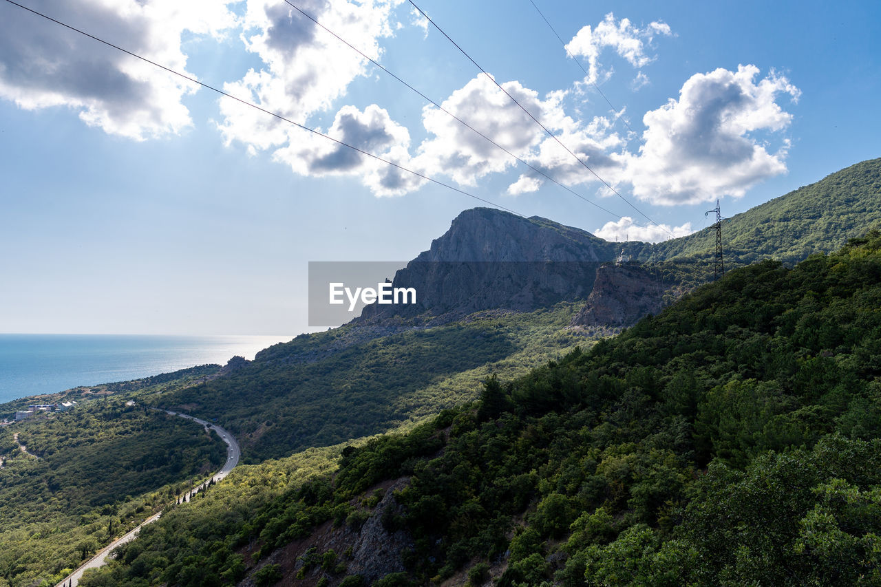 Scenic view of sea and mountains against sky