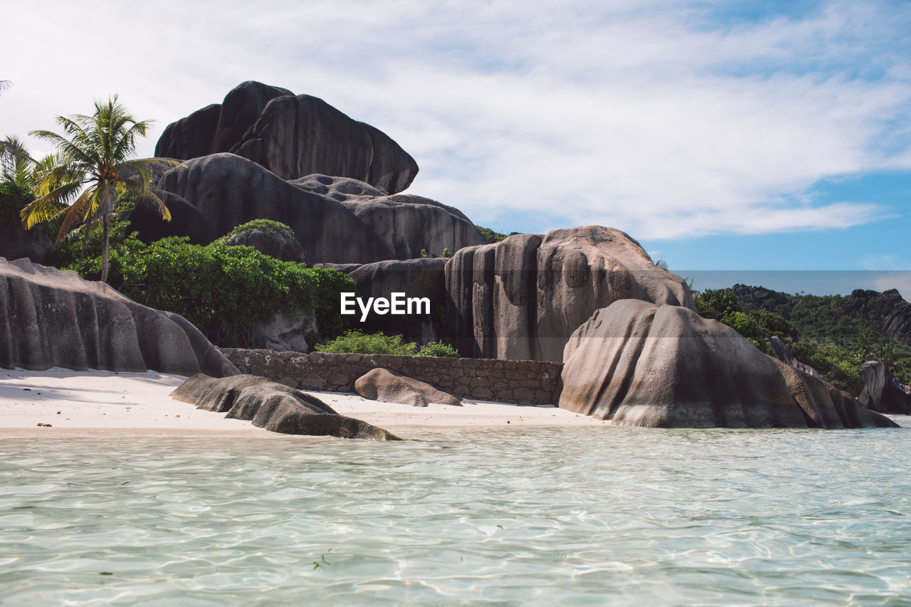 Scenic view of rocks in sea against sky