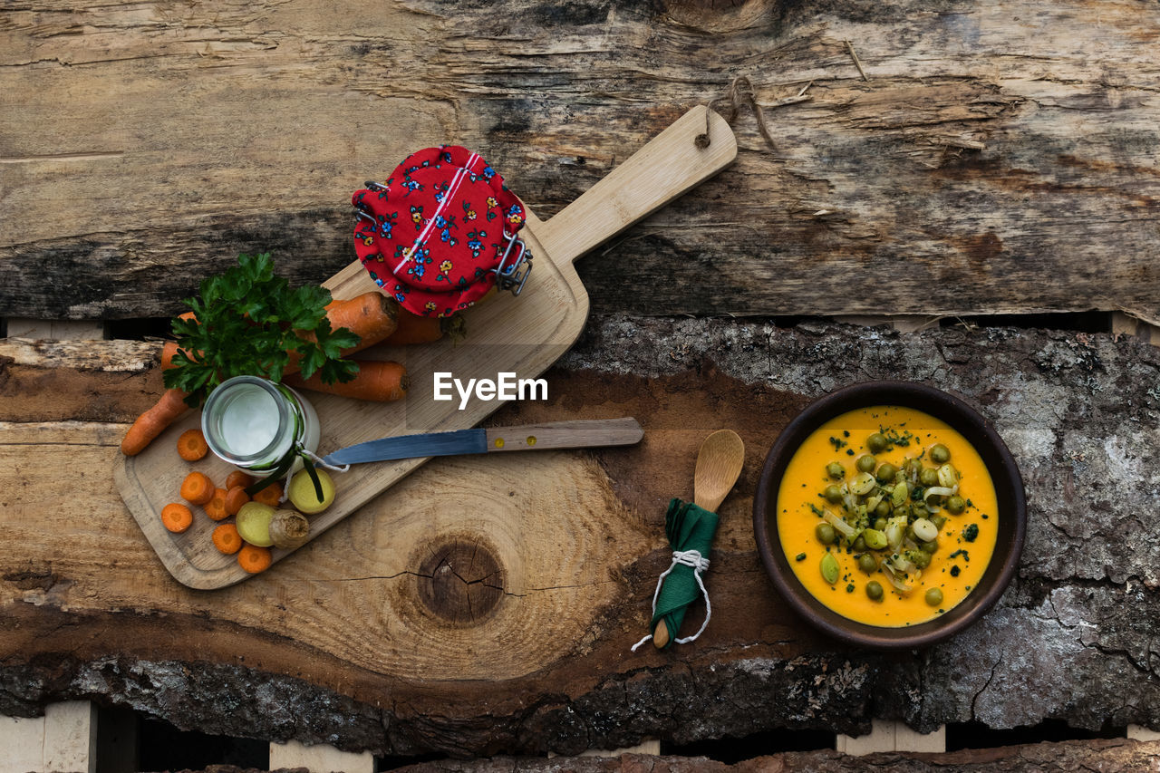 High angle view of food on textured table