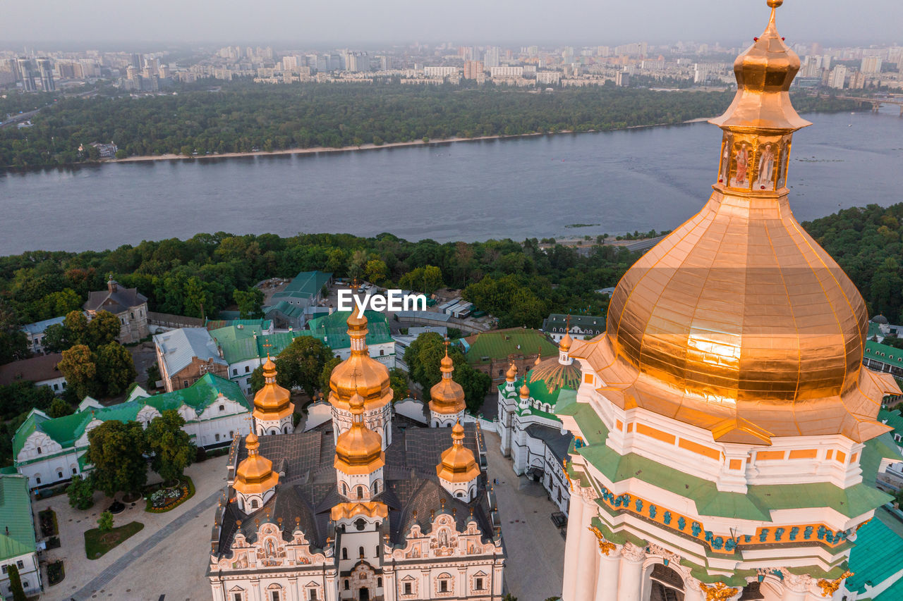 Magical aerial view of the kiev pechersk lavra near the motherland monument.