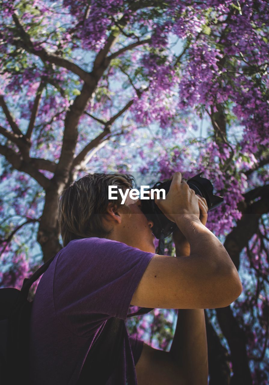 Low angle view of man photographing purple flowering tree