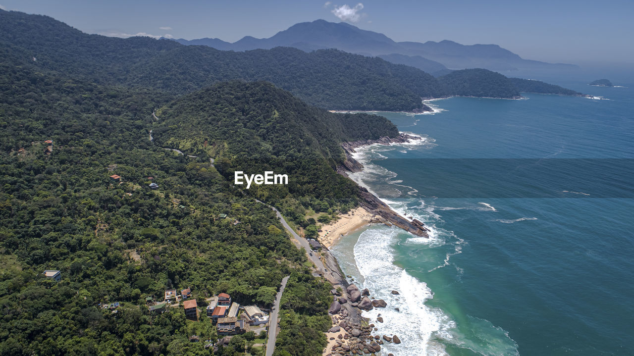 high angle view of sea and mountains