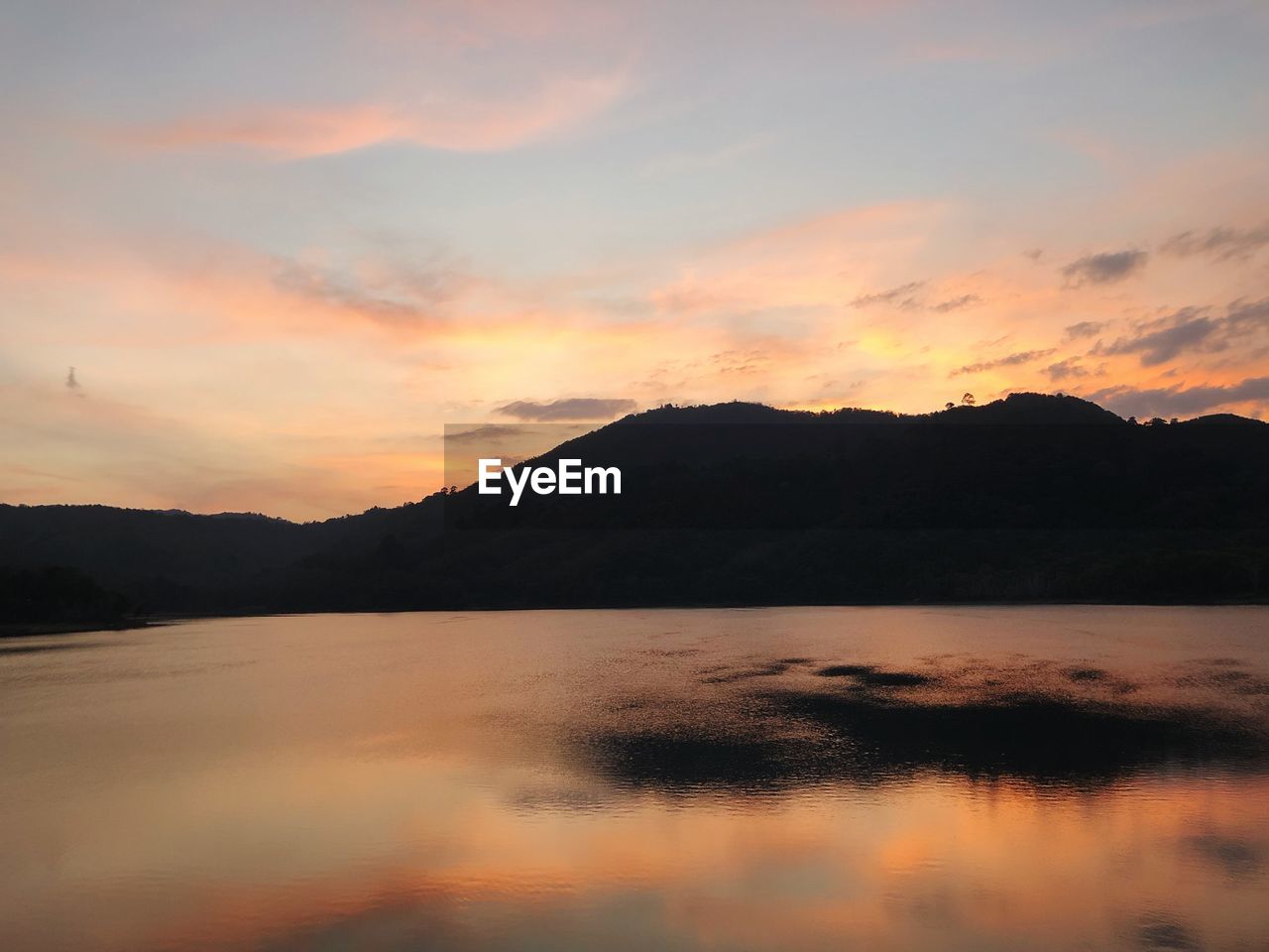 Scenic view of lake against sky during sunset