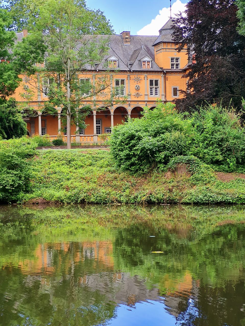 REFLECTION OF TREES AND HOUSE ON LAKE BY BUILDING