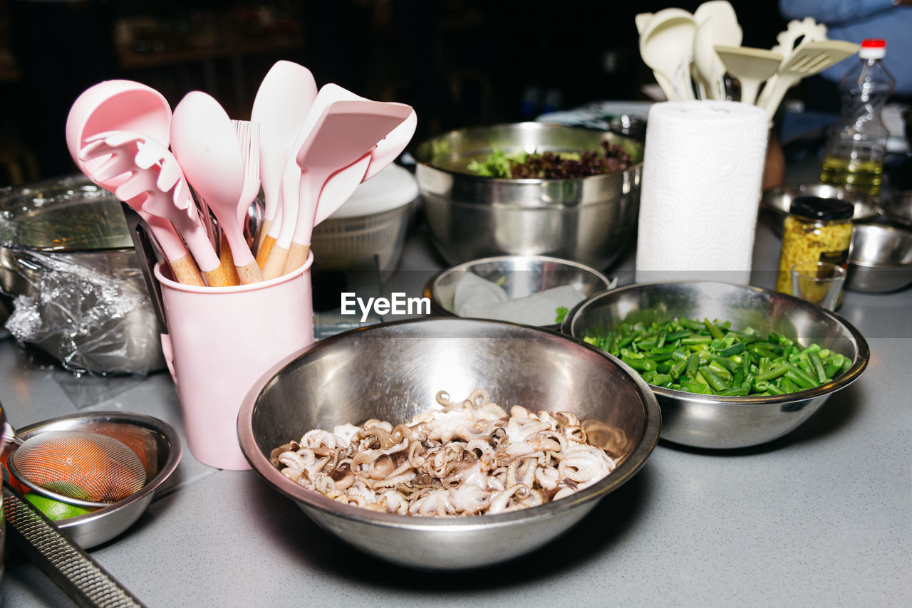 A set of raw products in bowls before cooking, arranging food before a culinary master class