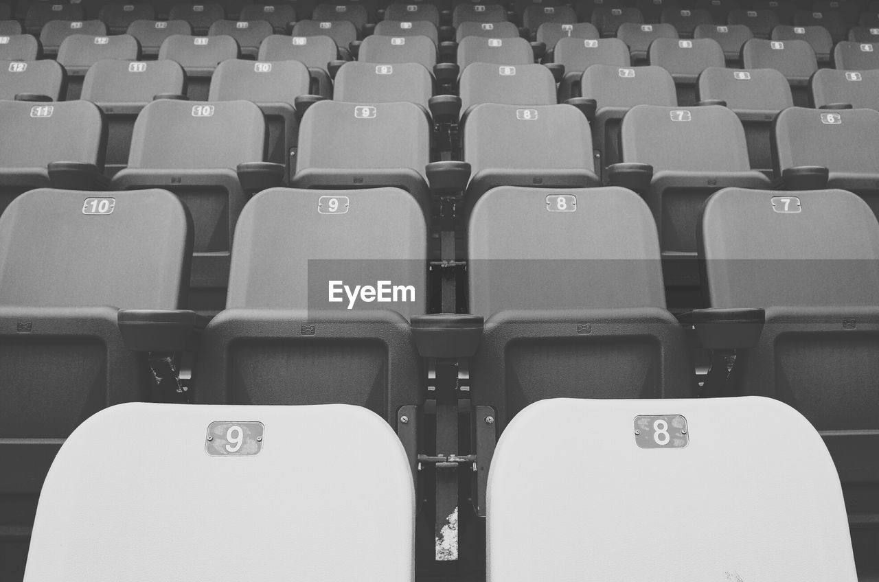 Close-up of chairs in auditorium