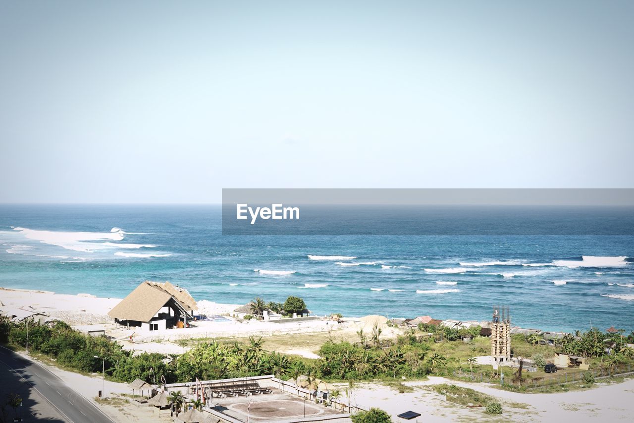 High angle view of beach against clear sky