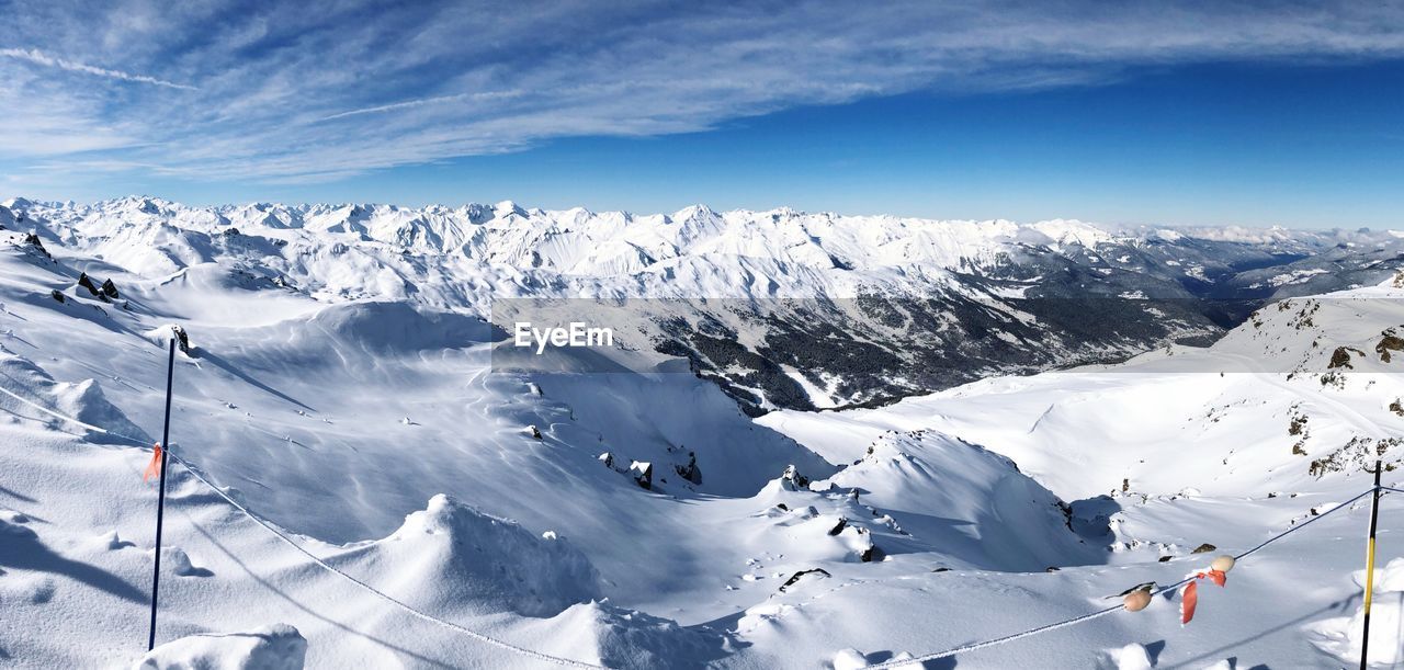 HIGH ANGLE VIEW OF SNOWCAPPED MOUNTAIN RANGE AGAINST SKY