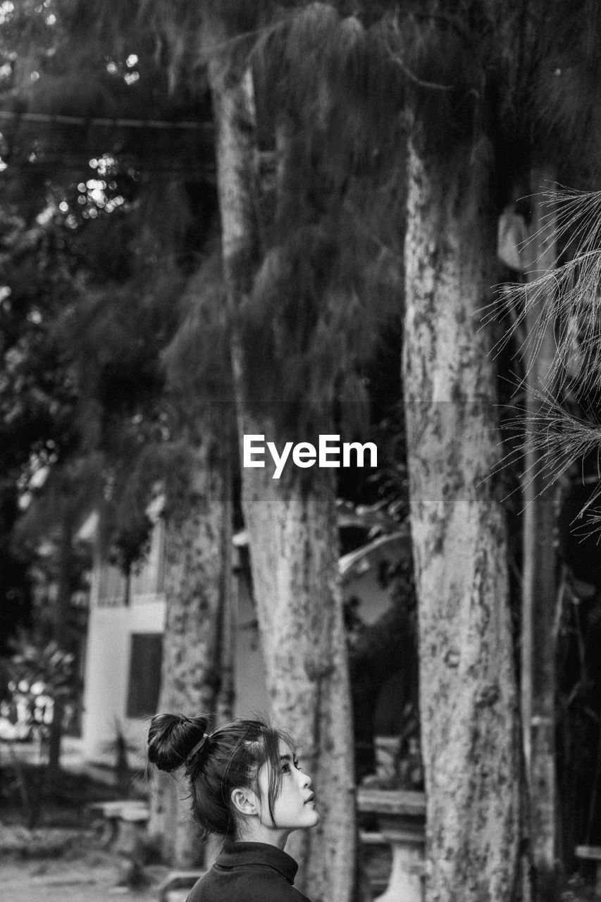 Woman standing by tree in forest