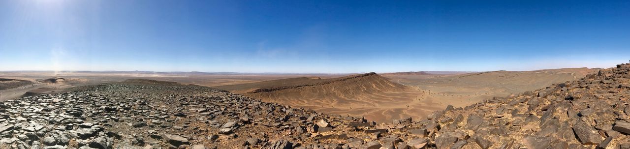 Panoramic view of desert against clear blue sky