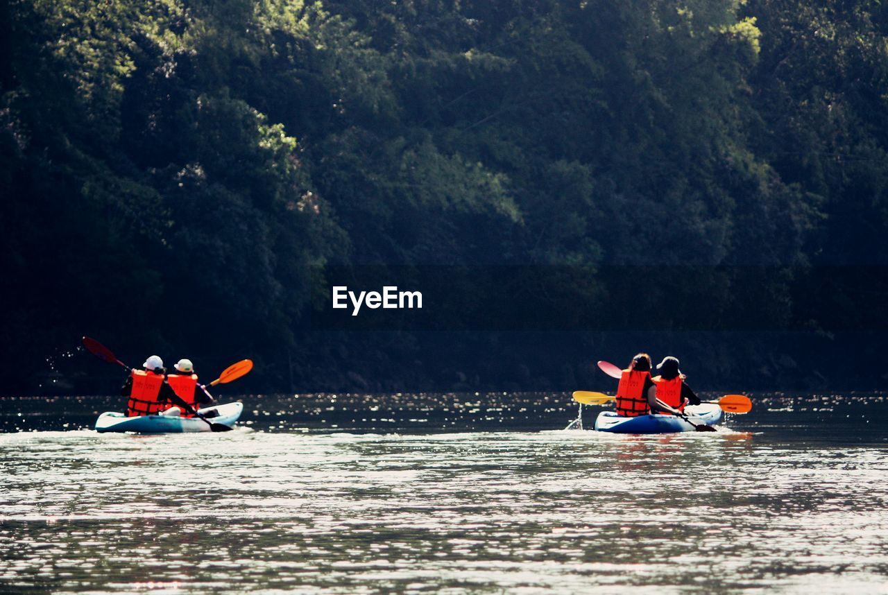 Rear view of people kayaking in river at forest