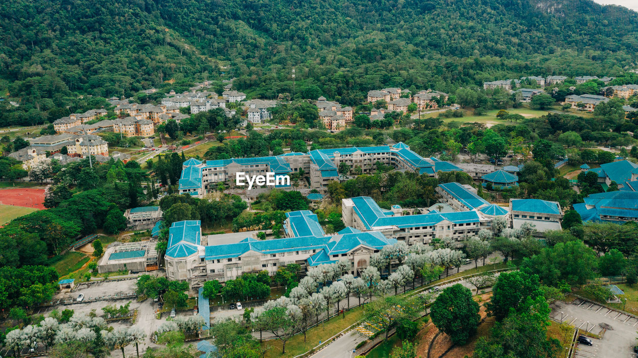 HIGH ANGLE VIEW OF TREES AND BUILDINGS