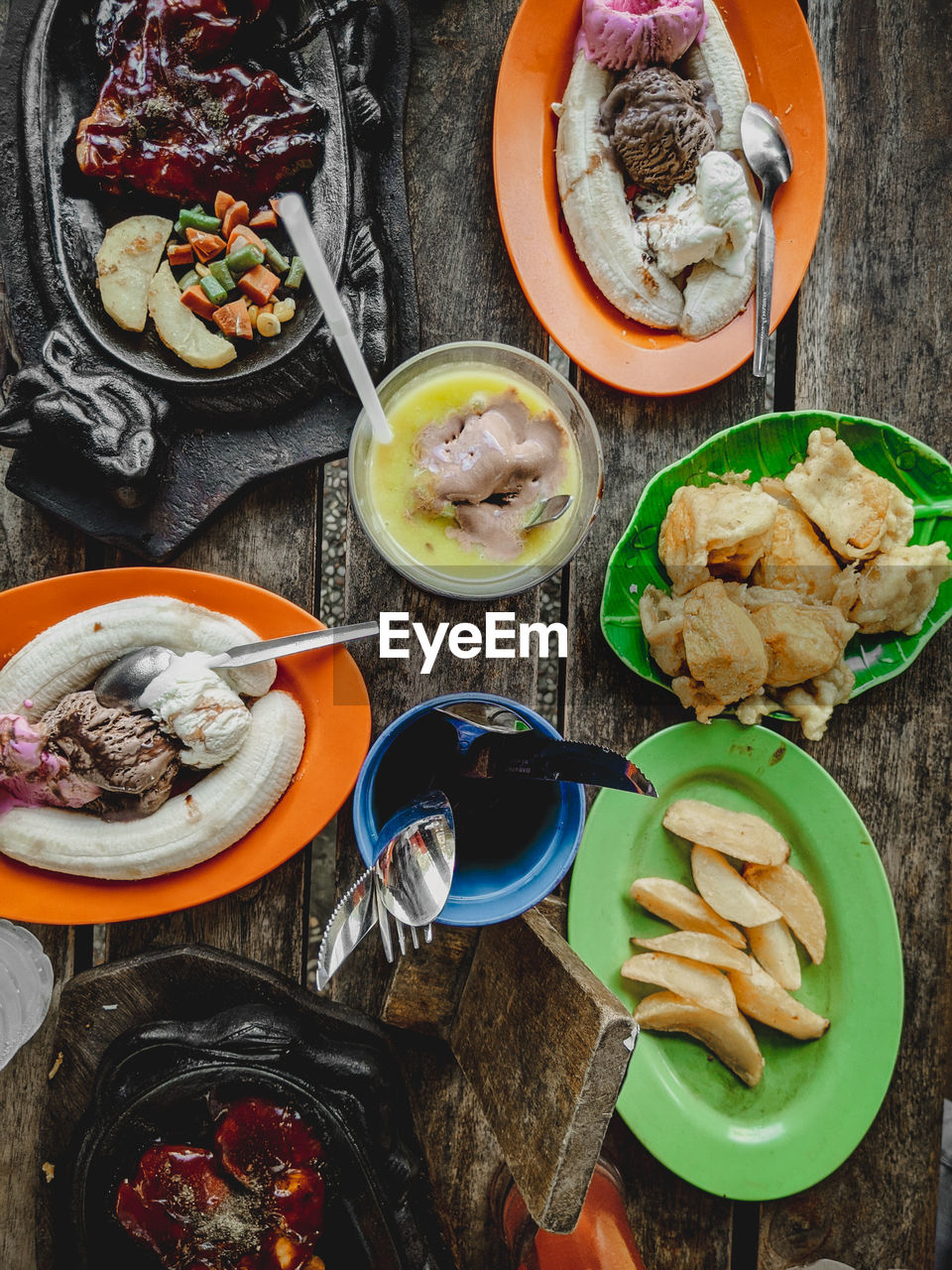 High angle view of meal served on table