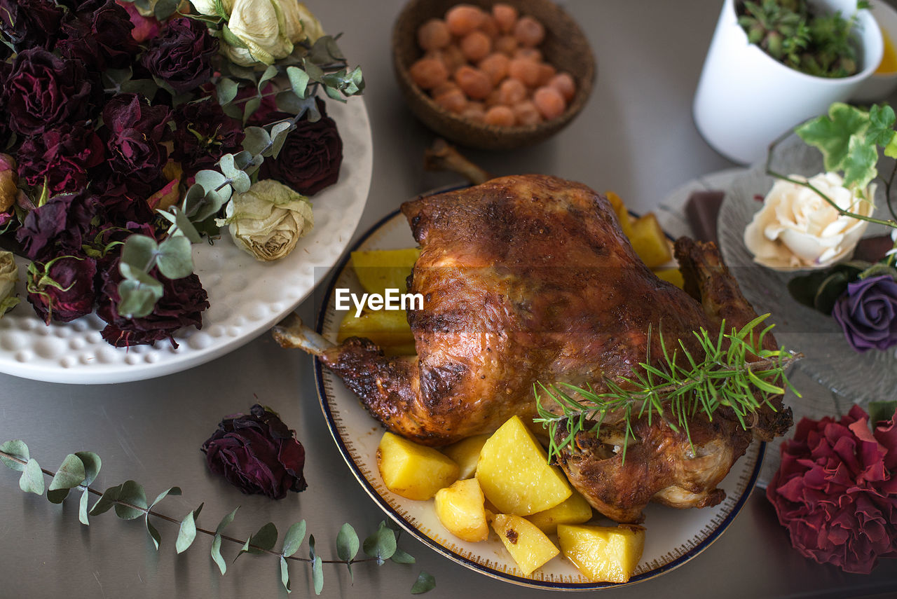 High angle view of food served on table