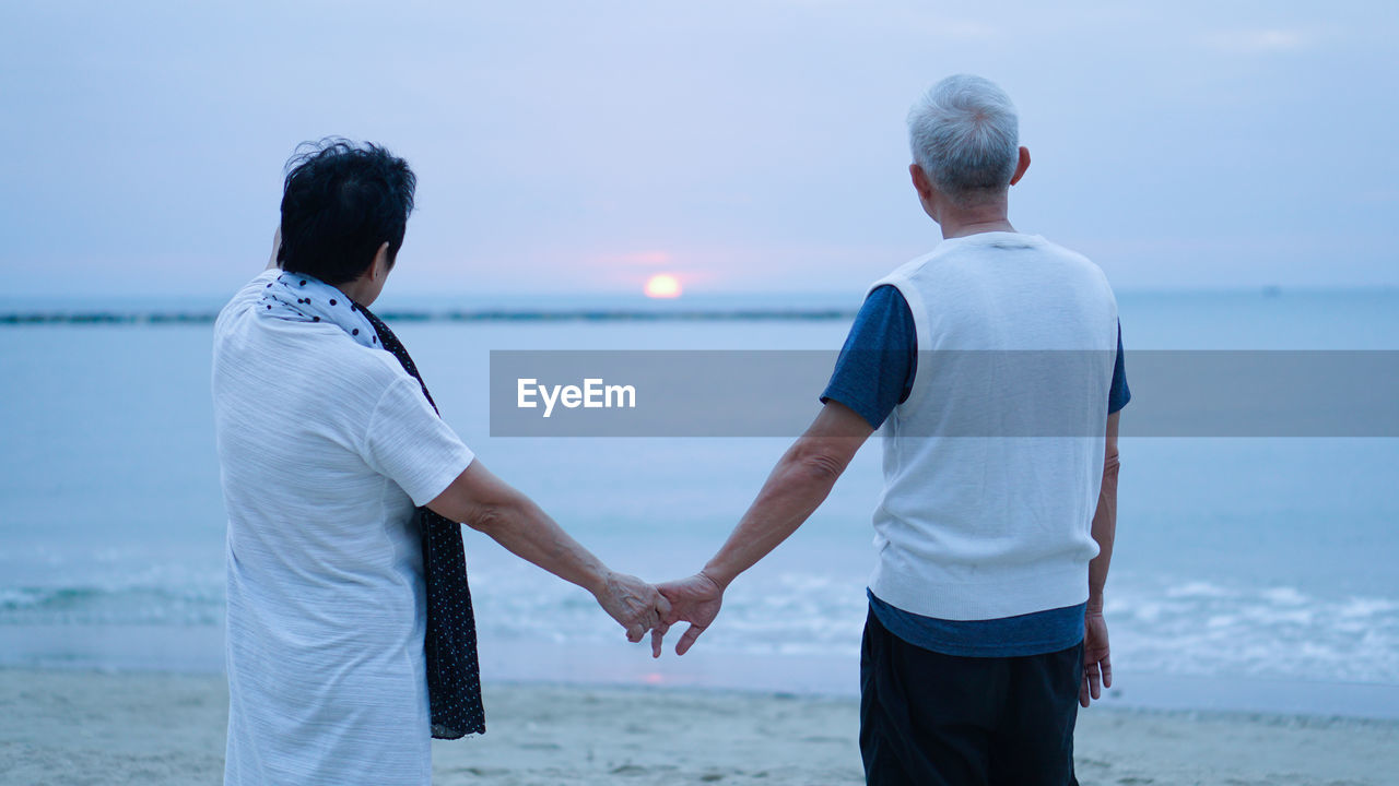 Rear view of couple holding hands standing at beach against sky