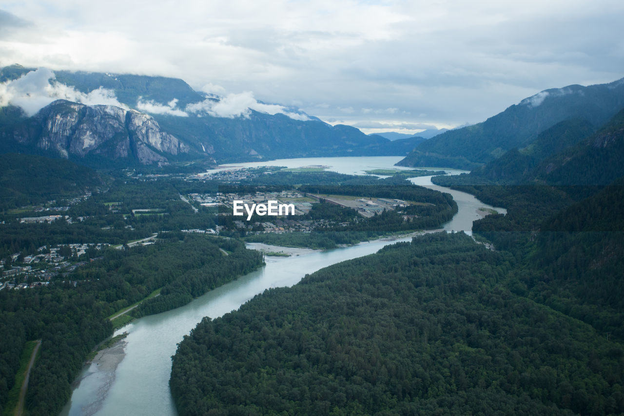 Aerial view of the town of squamish looking south