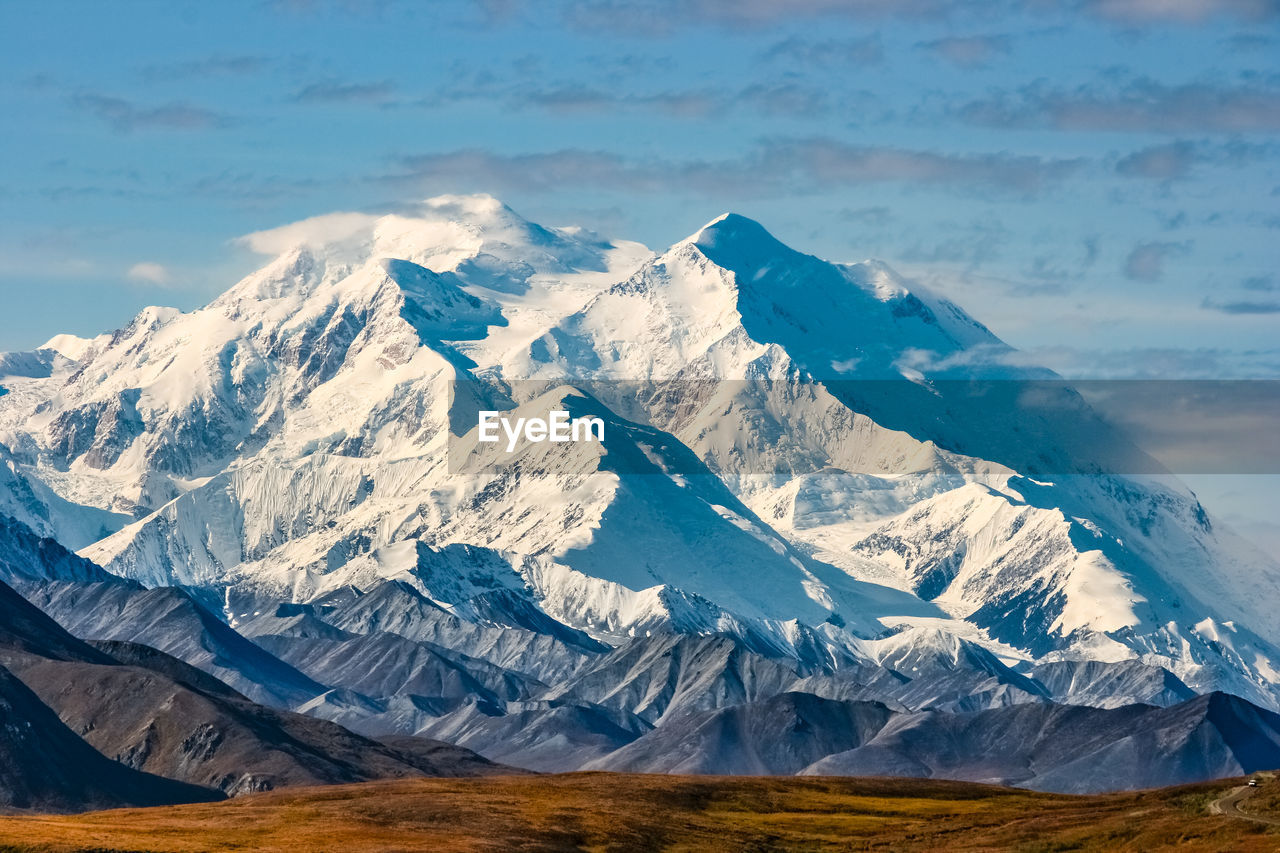 Scenic view of snowcapped denali  or mount mckinley  against sky