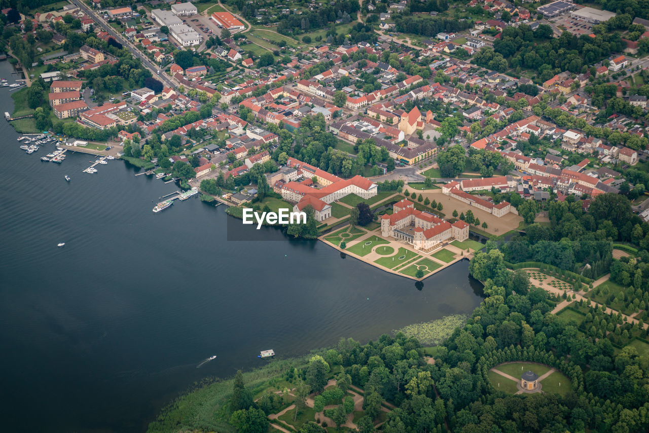 High angle view of river and cityscape