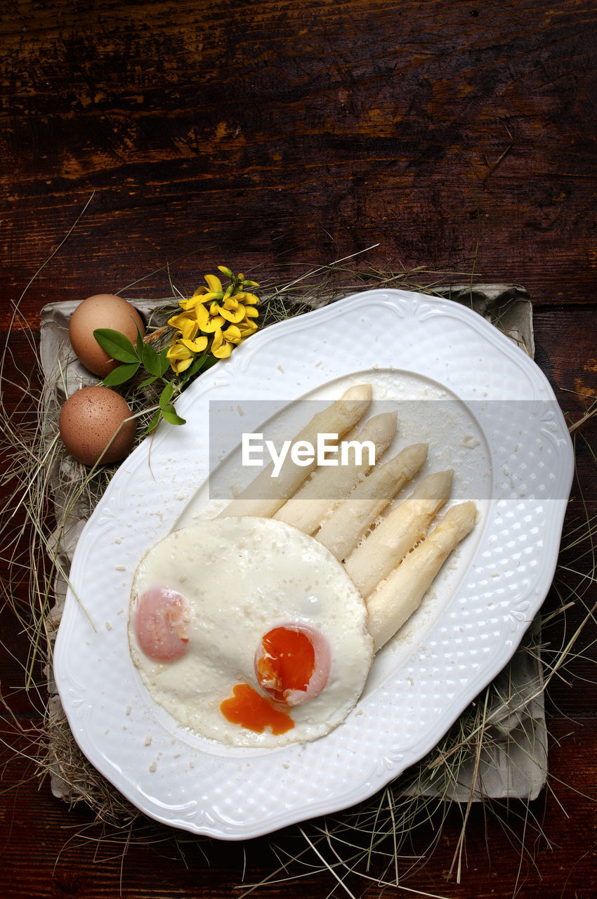 HIGH ANGLE VIEW OF BREAKFAST ON PLATE