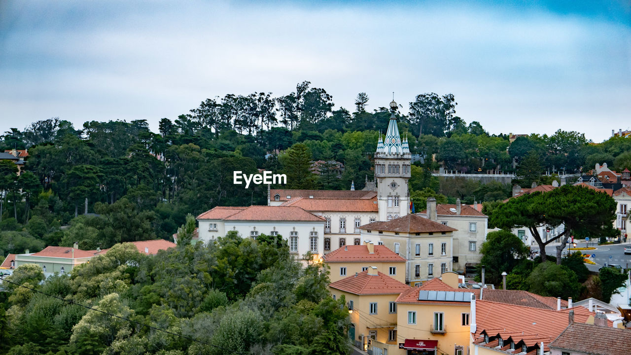 Buildings in town against sky