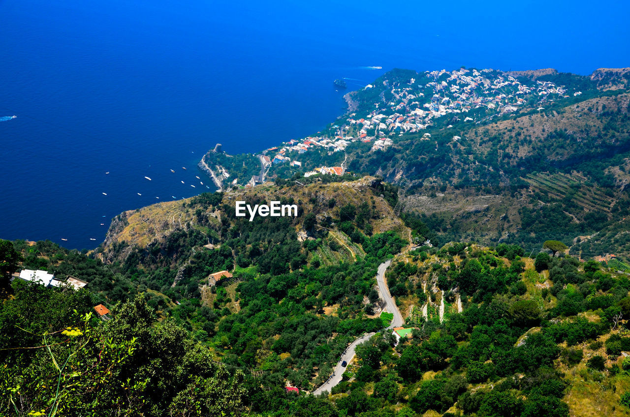 Amalfi coast - high angle view of trees and sea against sky