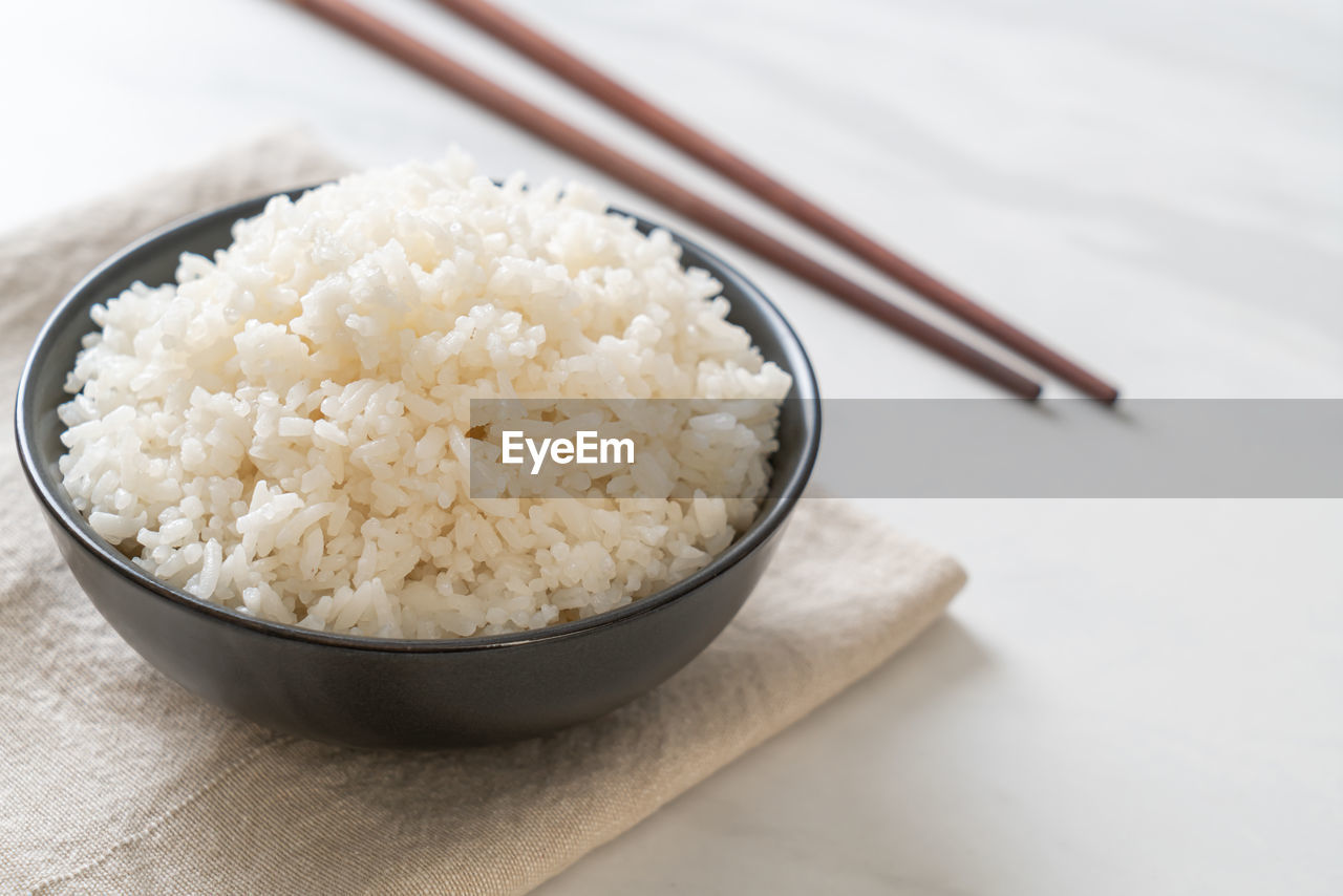 high angle view of rice in bowl on table