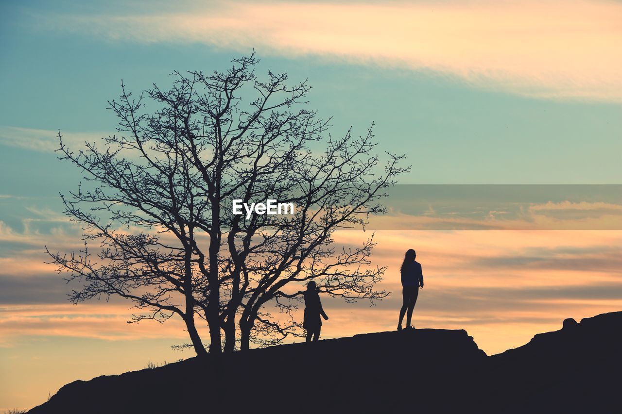 Silhouette people by bare tree on mountain against sky during sunset