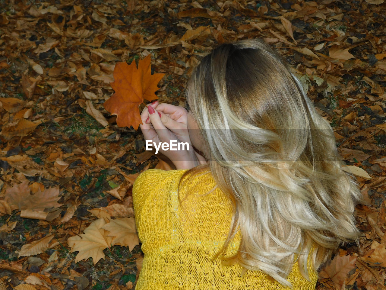 Rear view of woman relaxing leaves covered field during autumn