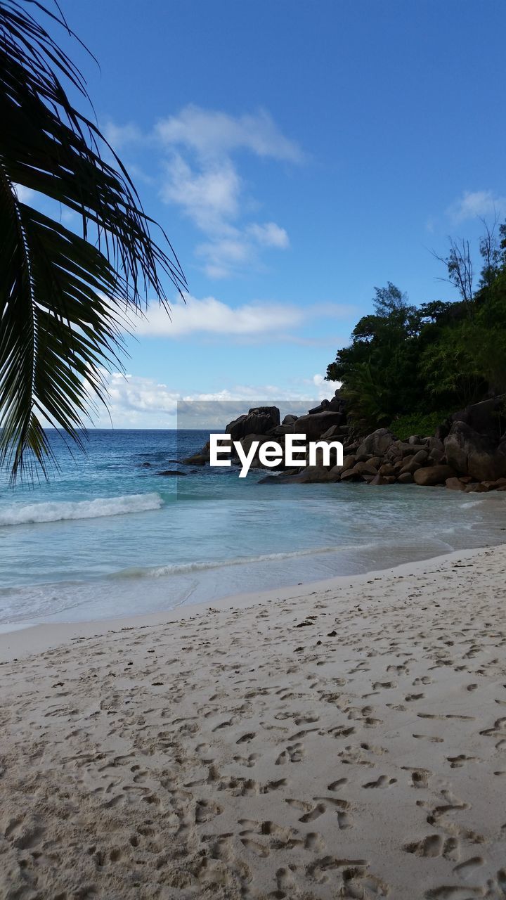 SCENIC VIEW OF BEACH AGAINST SKY AT SUNSET