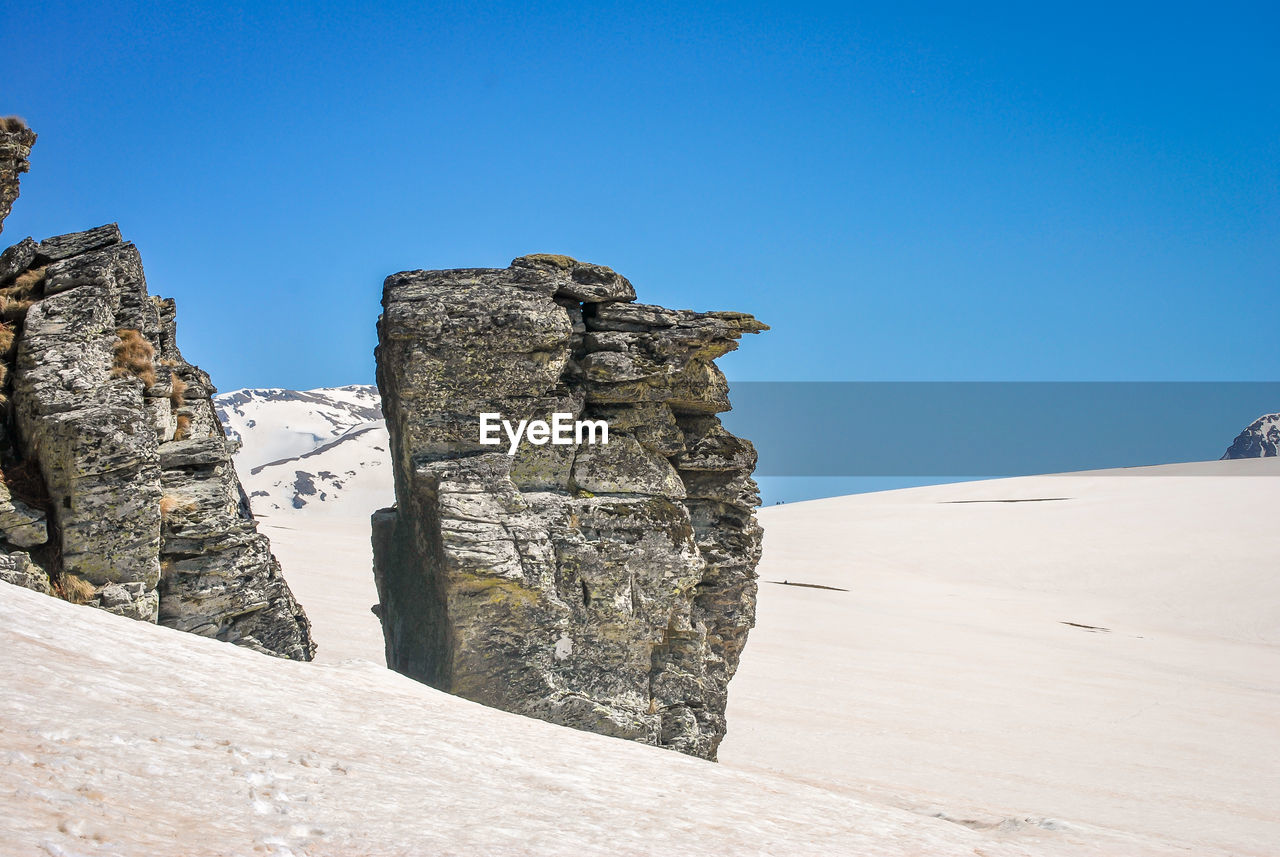 Rock formations on landscape against clear blue sky