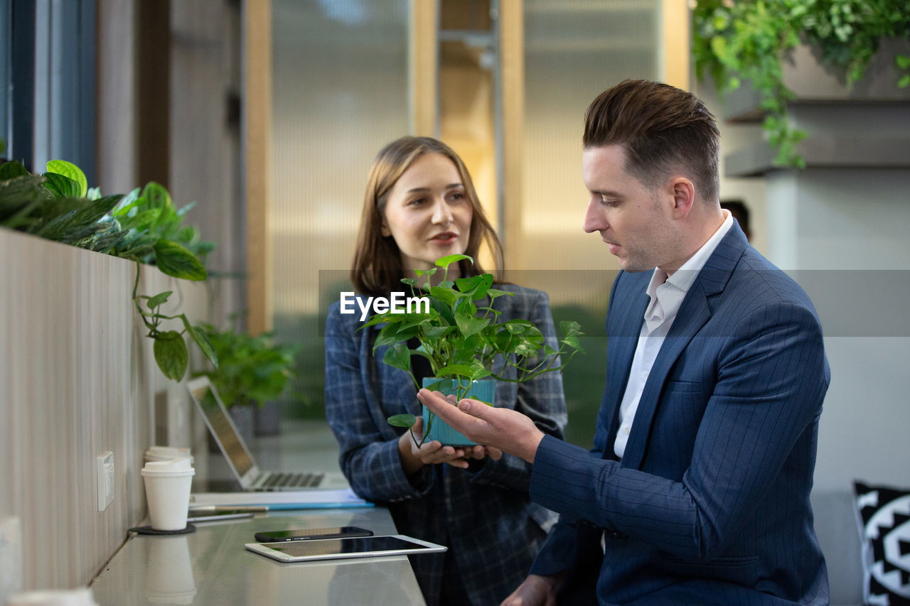 Smiling business people holding potted plant while sitting at cafe