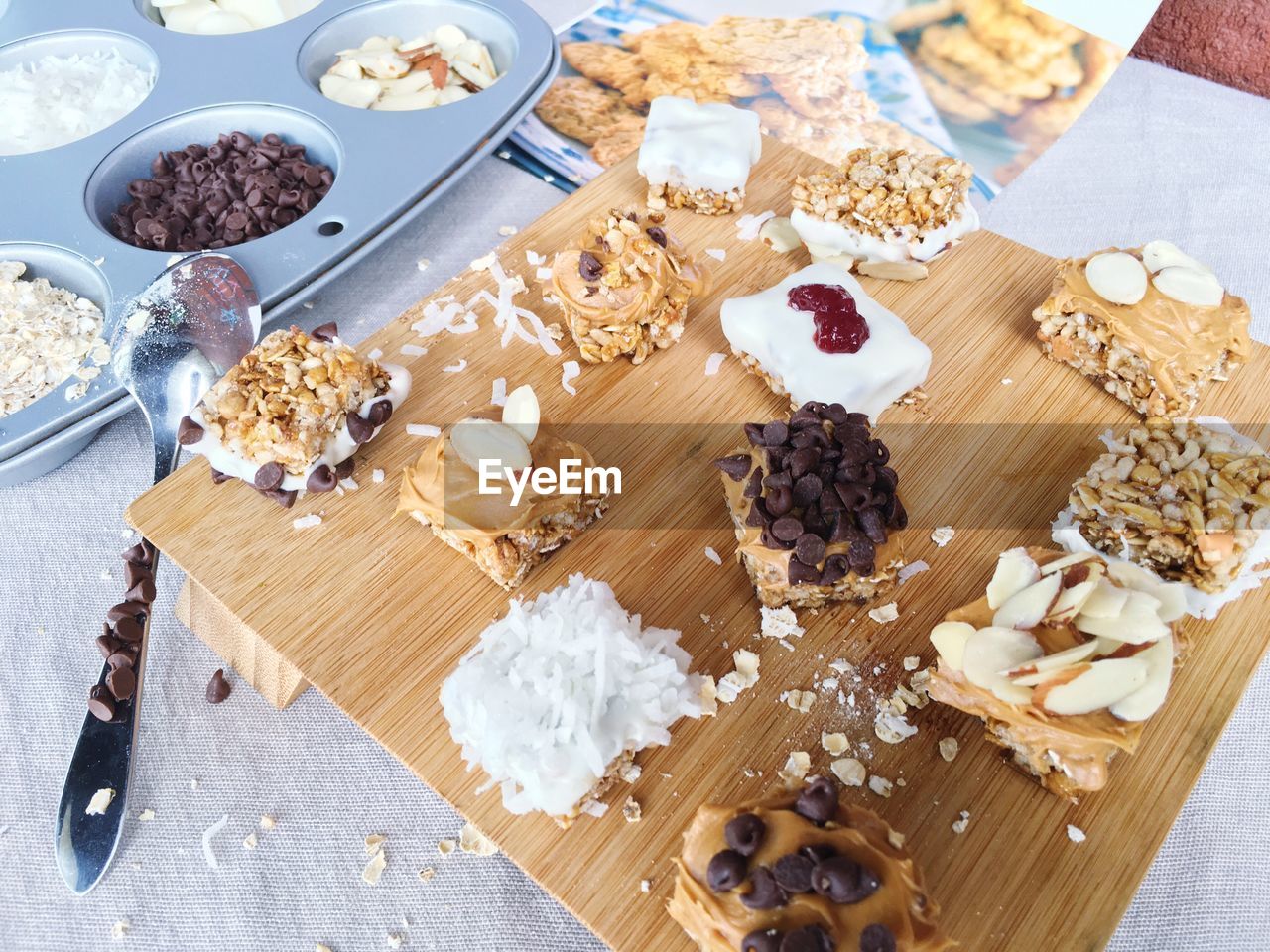 High angle view of desserts on wooden table