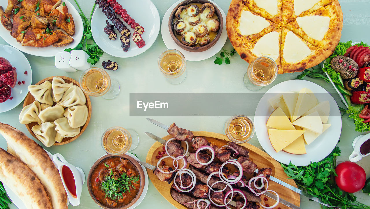 high angle view of various food on table