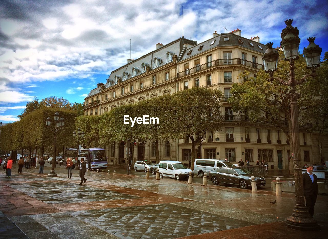 Low angle view of buildings in city against sky