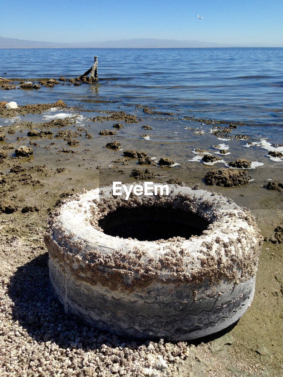 Damaged tire on shore against sky
