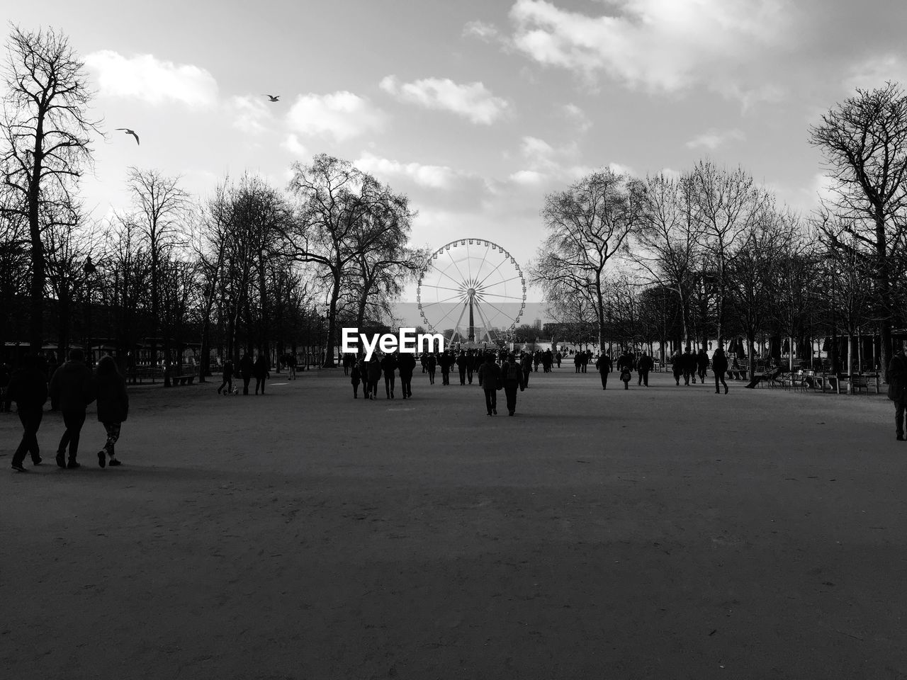 People at tuileries garden against cloudy sky