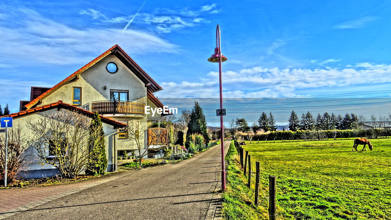 FOOTPATH AMIDST HOUSES AND BUILDINGS AGAINST SKY