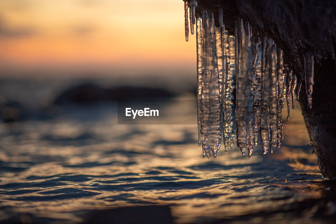 Close-up of icicles in sea against sky during sunset