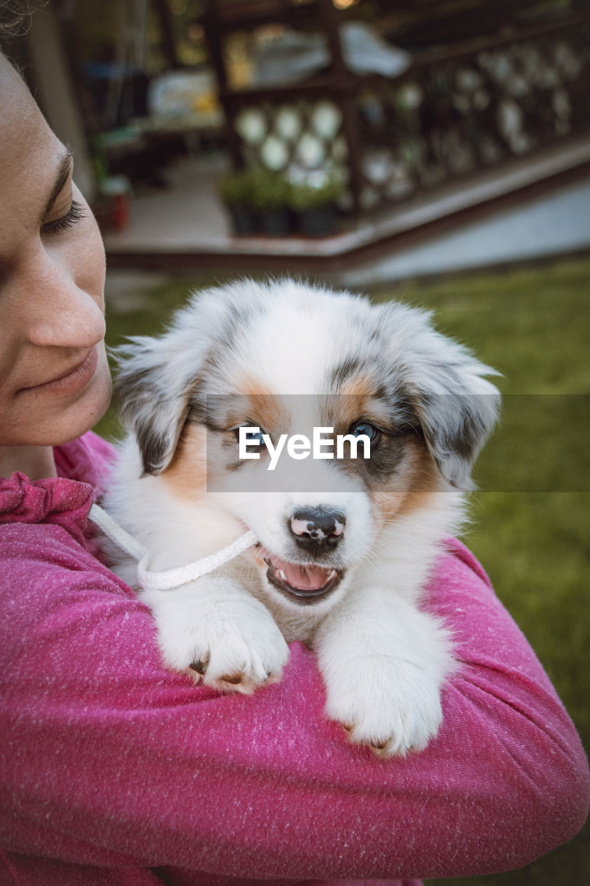 Girl holds smiling australian shepherd puppy. love and relationship between female dog and female