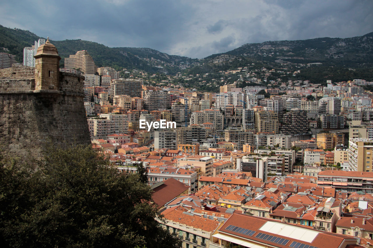 High angle shot of townscape against sky