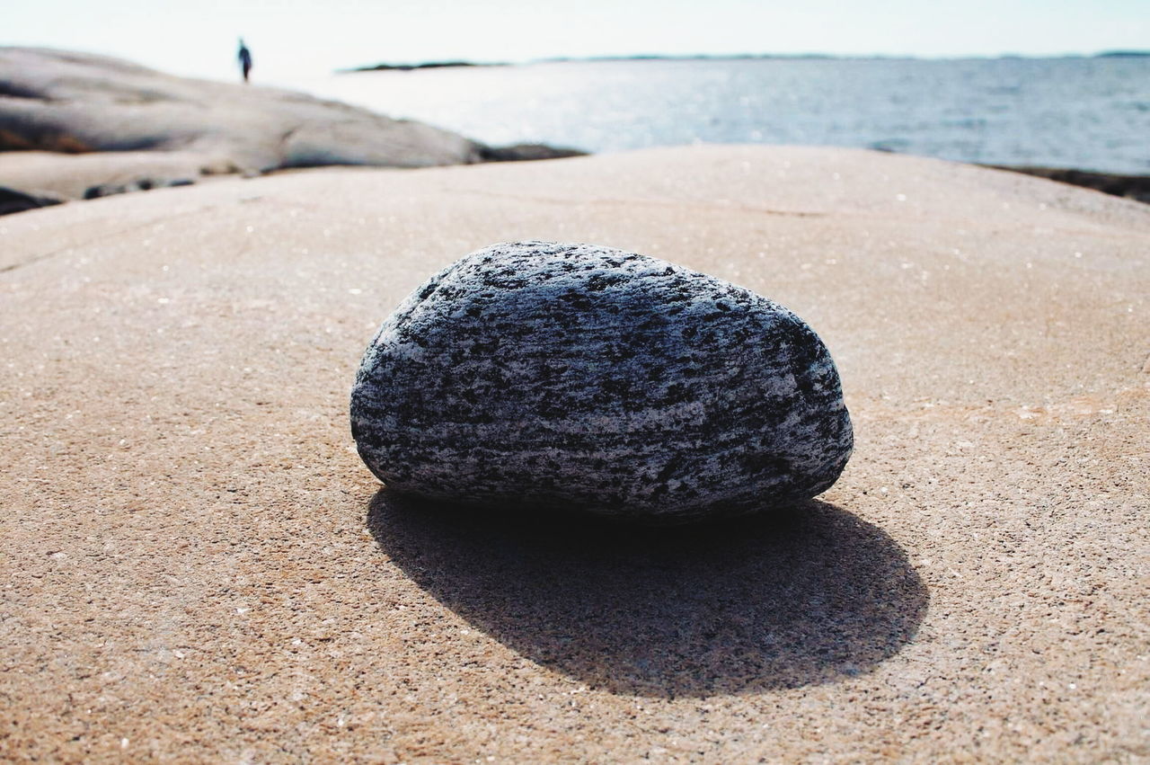 Close-up of pebble on rock at beach