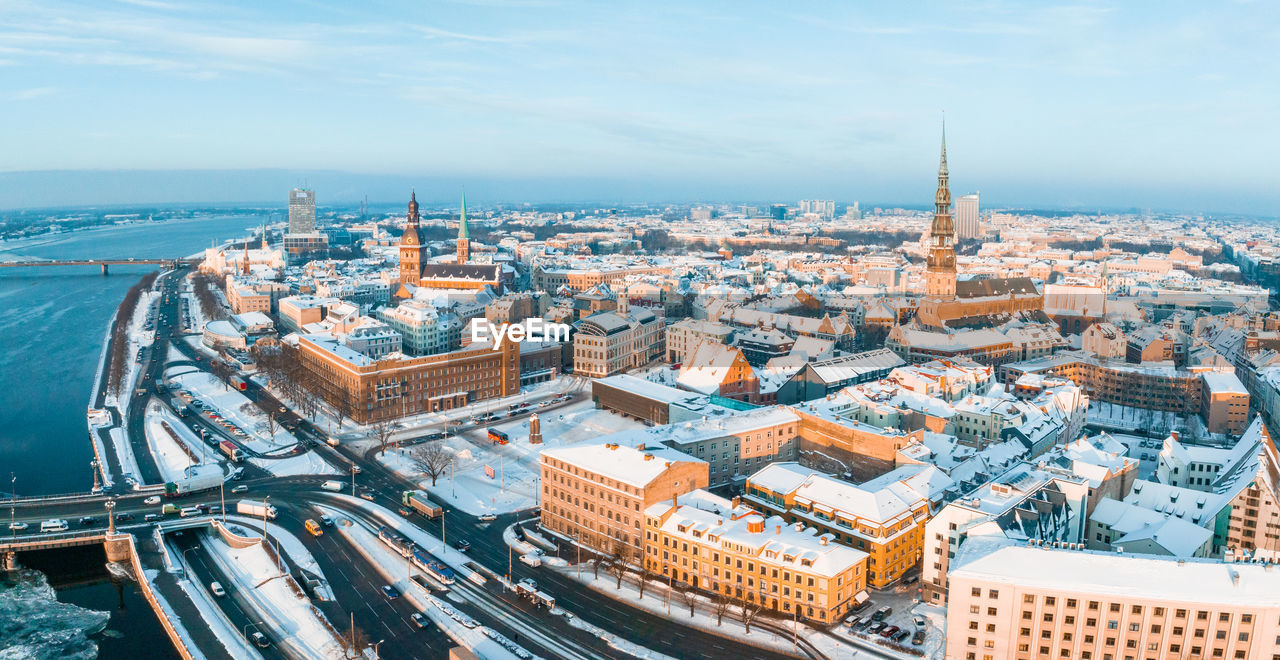 Aerial view of the winter riga old town